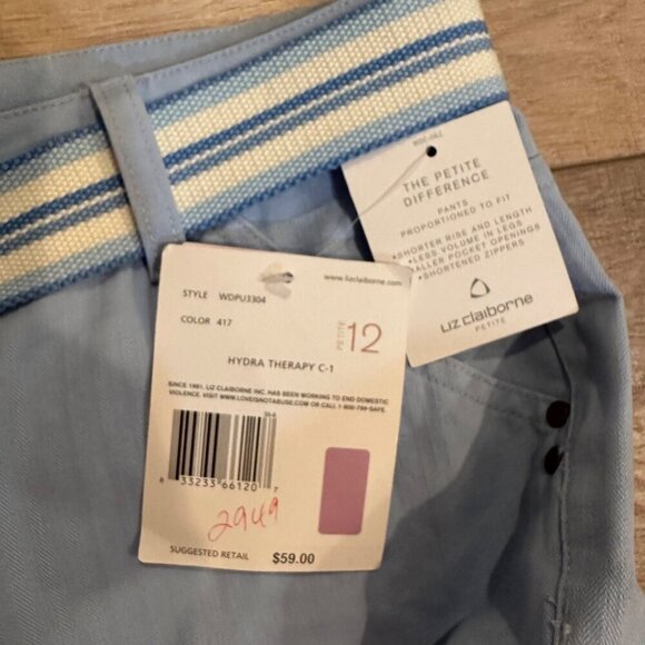 LIZ CLAIBORNE WOMENS BELTED CROPPED PANTS BLUE 12 PETITE AUDRA NEW - Picture 6 of 9